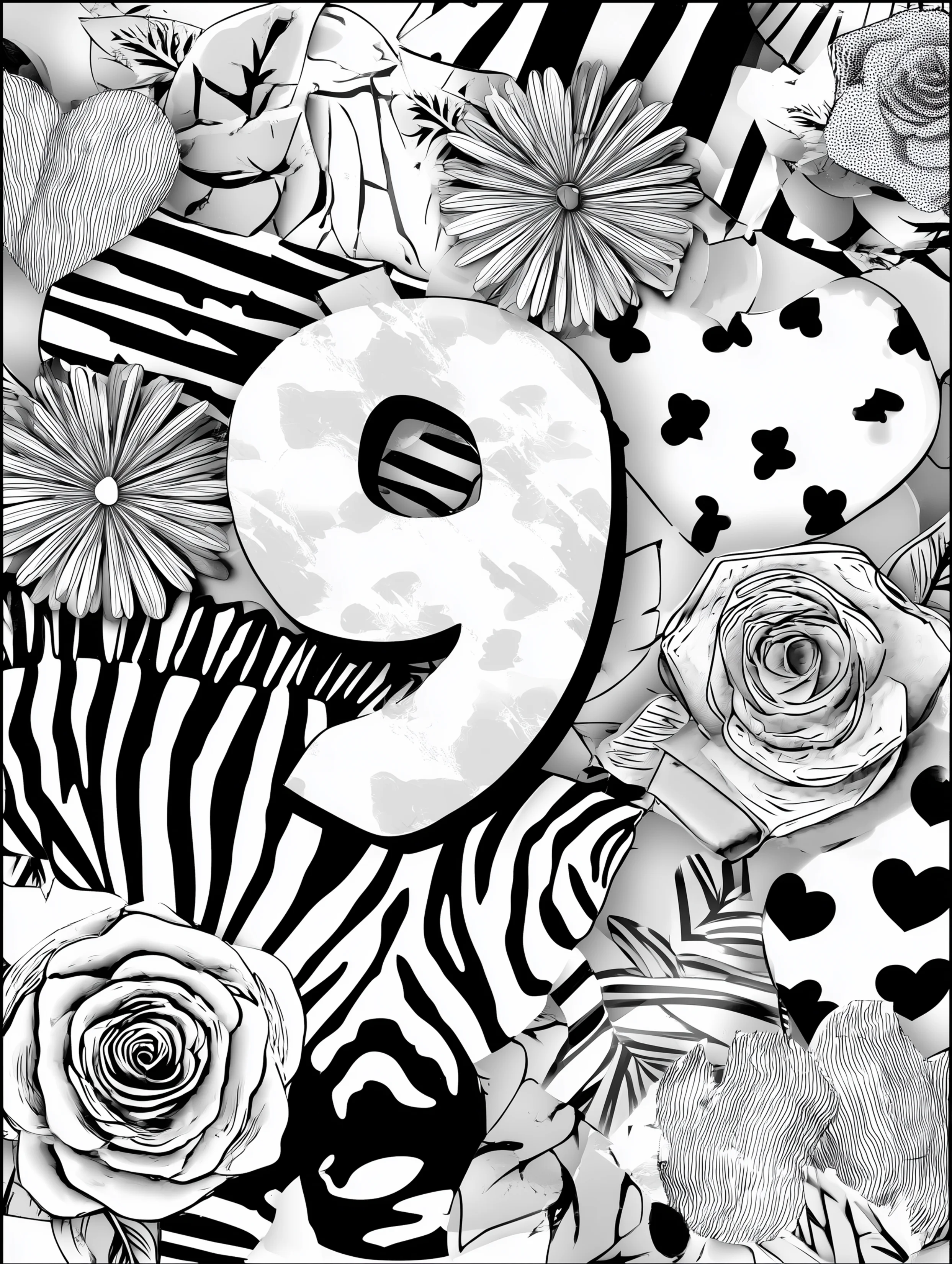 Free printable coloring page for numbers featuring the number nine with a middle pattern